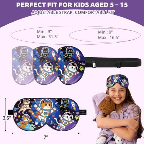 Kids Silk Sleep Mask: 100% Mulberry Silk Eye Mask with Adjustable Strap, Soft Blackout Boys Girls Sleeping Mask, Cute Printed Blindfold for Travel/School/Bed, Gift for Ages 5–15 (Space Cat Style) - Thumbnail 6
