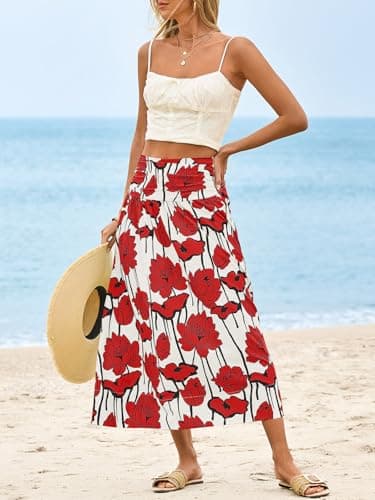 Wenrine Womens Floral Print Maxi Skirt High Waisted A Line Boho Flowy Beach Vacation Long Skirts with Pockets Red - Thumbnail 3