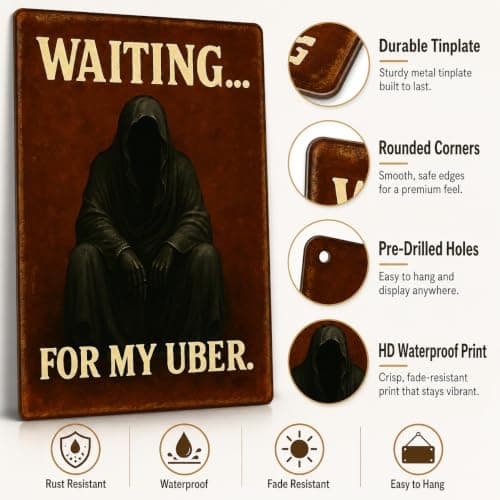 Gothic Decor Retro Metal Tin Sign Waiting for My UBER Grim Reaper Horror Wall Decor, Skull Decor Halloween Decorations for Home Bar Pub Garage, Witchy Decor Book Shelf Dark Academia 8x12 Inch - Thumbnail 4