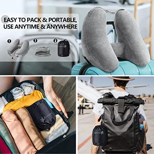 Sunany Neck Pillow for Travel Inflatable Airplane Pillow Comfortably Supports Head, Neck and Chin, Inflatable Travel Pillow with Soft Velour Cover and Portable Drawstring Bag (Grey) - Thumbnail 5