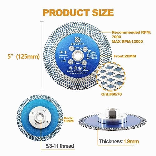 Diamond Porcelain Tile Saw Blade - BRSCHNITT 5" Super Thin Diamond Cutting Grinding Disc with X Teeth with 5/8 Thread for Ceramic Tiles,Granite,Marble Angle Grinder Circle Saw Blade - Thumbnail 2