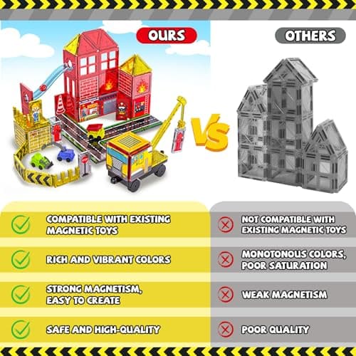 Magnetic Tiles for Kids, 56PCS Construction Magnet Tiles with Fire Truck Station, Building, Road, Crane, Car Truck - STEM Magnetic Blocks for Kids Ages 4-8, Toys for 4 5 Year Old Boys Birthday Gifts - Thumbnail 4