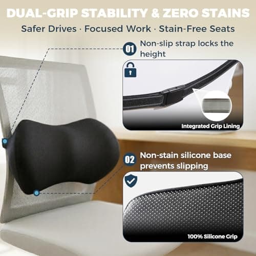 SHAKERINO Lumbar Support Pillow for Car with Dual-Grip™ Stability System - Advanced Adaptive Memory Foam Back Pillow for Lower Back Pain Relief, Ergonomic Driving Seat & Office Chair Cushion, Black - Thumbnail 3
