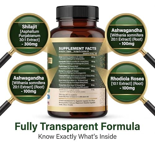 MPRAYAN Shilajit Ashwagandha Capsules – 8 in 1 Adaptogen Complex for Energy, Focus & Stress Support with Rhodiola Rosea, Panax Ginseng, Cordyceps – Natural Herbal Supplement | 60 Vegan Capsules - Thumbnail 4