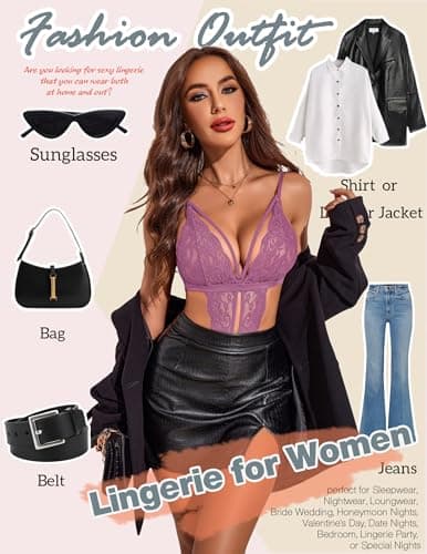 Avidlove Plus Size Lingerie for Women Lace Babydoll Bodysuit Sexy V Neck Underwaer (Purple Red, X-Large) - Thumbnail 3