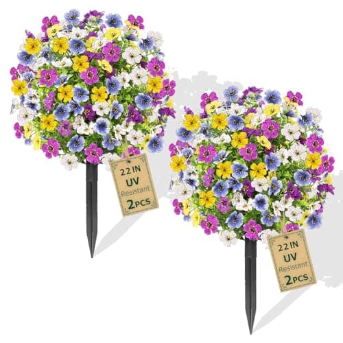 2 Pack Artificial 4 Colors Flowers Topiary Ball Tree, 22" Fake Plants with Ground Spike, UV-Resistant Faux Shrub, Realistic Artificial Colorful Bushes for Indoor/Outdoor Front Porch & Garden Decor