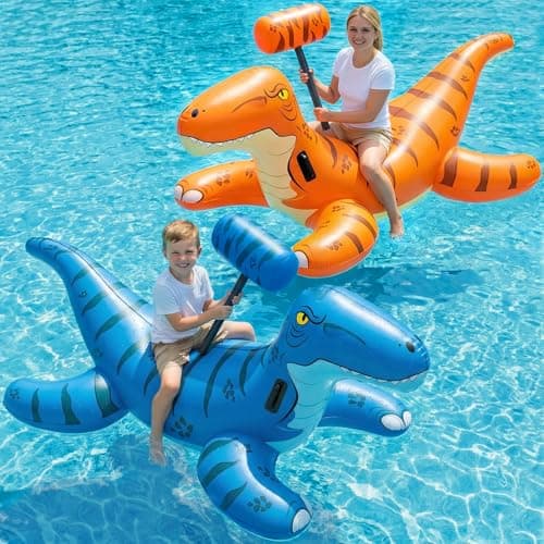Jasonwell Pool Games Toys Floats -2Pack Inflatable Dinosaur Pool Floats with Blow Up Toy Hammers Ride on Pool Floaties for Kids Teens Adults Lounge Raft Summer Lake Beach Party Decorations (BU&Org XL)