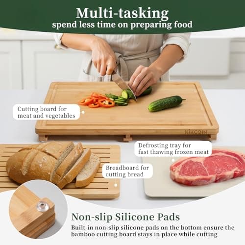 Kikcoin Bamboo Cutting Board Set with Defrosting Tray, Wood Cutting Boards for Kitchen with Deep Juice Grooves & Built-in Organizer Meal Prep Charcuterie& Chopping Board for Meat, Vegetables and Bread - Thumbnail 3