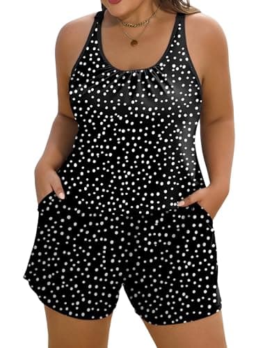 Arolina Women's Swim Romper Swimsuits One Piece Modest Bathing Suit with Pockets Swimwear Black Dot - Image 1