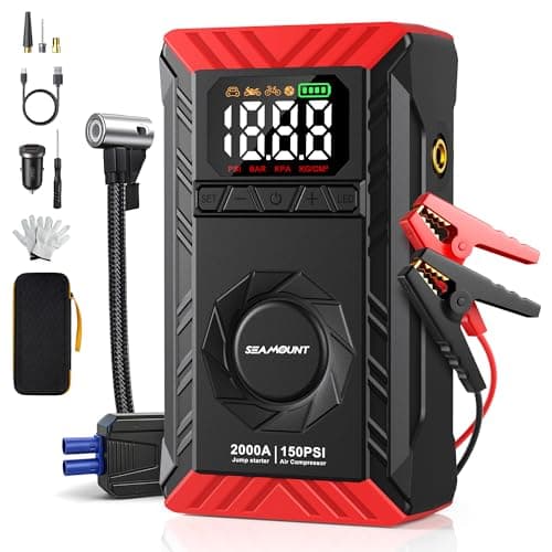 SEAMOUNT 2000A Jump Starter with Air Compressor Combo, Portable Car Battery Booster Pack for 6L Gas / 3L Diesel, 150PSI Tire Inflator, LED Emergency Light, Complete Roadside Kit - Image 1