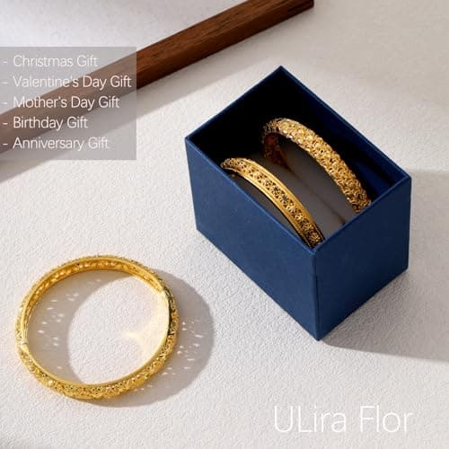 ULira Flor 18K Gold Plated Bangle Bracelets Set for Women, 3 Pcs Hollow Out Carving Dubai Temple Indian African Kashmiri Designs Bangles, Waterproof Non Tarnish Fashion Jewelry Gift for Mom Her Birthday Valentine Mother's Day Christmas - Thumbnail 6