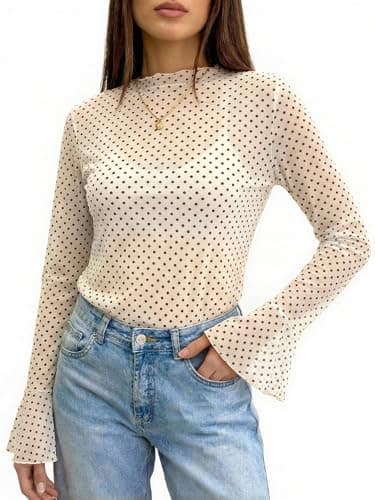 Tankaneo Womens Mesh Polka Dot Tops Bell Sleeve High Neck Summer Casual Blouse Trendy Loose Fit Y2K Going Out Tee Shirts Off-White - Thumbnail 4