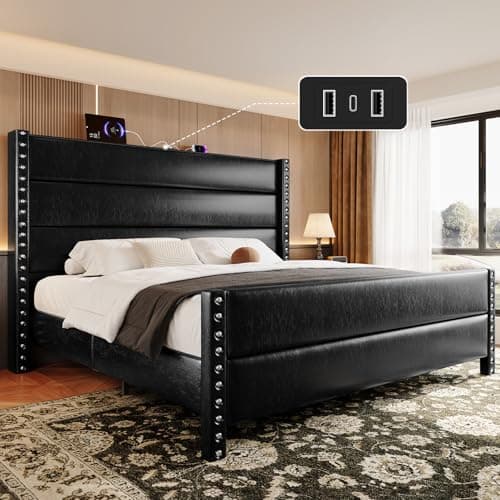 Uteeran King Size Bed Frame with Storage Shelf & Charging Station, 55" Tall Headboard & 25.6" Footboard, Faux Leather Upholstered Platform Bed with Big Rivets Wingback, Heavy Duty & Noise-Free, Black - Image 1