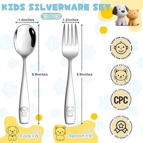 LIANYU 12 Pieces Kids Silverware Set, Stainless Steel Toddler Utensils, Food Grade Toddler 6 Forks and 6 Spoons for Self-Feeding, Metal Kids Cutlery Set with Cute Pattern, Dishwasher Safe - Thumbnail 2