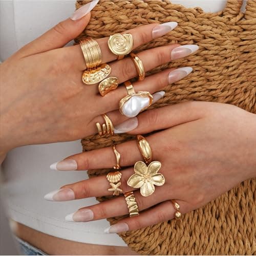 FAXHION Gold Rings for Women Non Tarnish Statement Flower Ring Set, 14K Gold Plated Stackable Open Stacking Rings, Knuckle Trendy Ring Jewelry Valentine's Day Gifts, 12PCS - Thumbnail 5