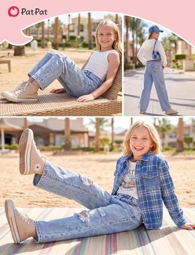 PATPAT Baggy Girls Jeans Wide Leg Denim Pants Ripped High Waist Elastic Y2K Trendy Jeans for Teens with Pockets Light Blue 13-14Y - Thumbnail 5