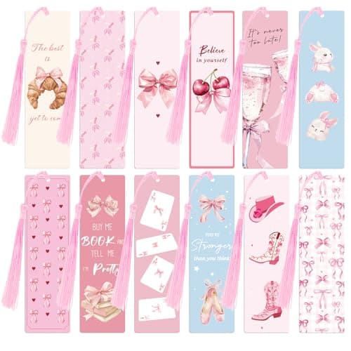 12PCS Pink Bow Bookmarks, Paper Bookmark with Tassels, Pink Bookmarks for Book Lovers Gifts, Double-Sided Colorful Cute Book Marks for Women, Book Accessories, Classroom Reading Supplies - Image 1