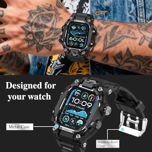 Deczone Band with Rugged Case Compatible with Apple Watch Bands 46mm (Series 11 10), Sport iwatch Bands Protective Bumper Cover for Men (46mm Black) - Thumbnail 3