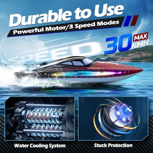 RC Boat for Kids Adults, Fast Remote Control Boat for Pool, Lakes with 30+KPH, 7 LED Lights,Self-Righting,Water Cooling,Fully Waterproof Hull,Demo,Rechargeable Battery,2.4GHz RC Boats Summer Toys - Thumbnail 2