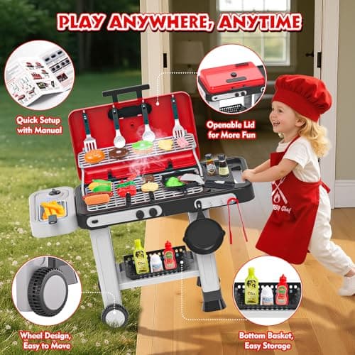 86PCS Kids Play Kitchen Toys: Kids Grill Playset with Smoke, Sound, Light, UV&Water Color-Changing Play Food, Pretend Kids Kitchen Playset, Interactive BBQ Outdoor Toys, Birthday Gift for Toddler - Thumbnail 6