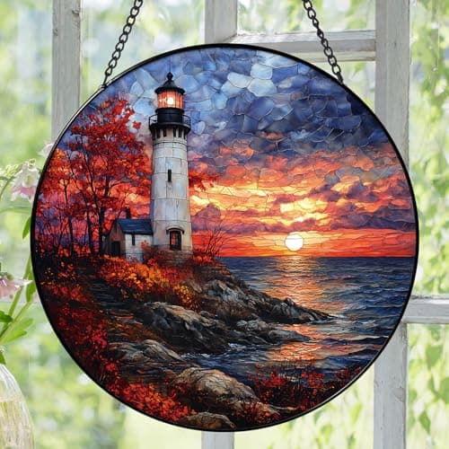 Zizzie Stained Glass Lighthouse Suncatcher, Twilight Ocean Sunset - Thumbnail 2