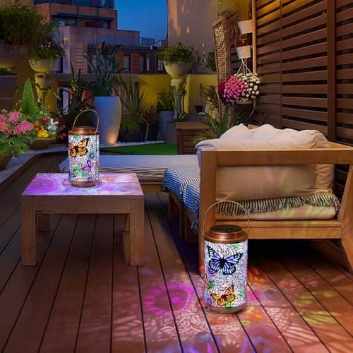 2Pack Solar Outdoor Lanterns Waterproof Butterfly Garden Gifts for Women, Multicolor Solar Outside Lights Lantern for Yard, Backyard, Porch, Mothers Day Gifts for Mom Grandma Wife - Thumbnail 6