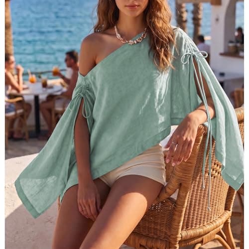 Ainangua Womens Sheer Poncho Beach Tops Casual Split Sleeve Drawstring Cover Up Versatile Flowy Cape Shawl Vacation Outfits(Cyan,M) - Thumbnail 6