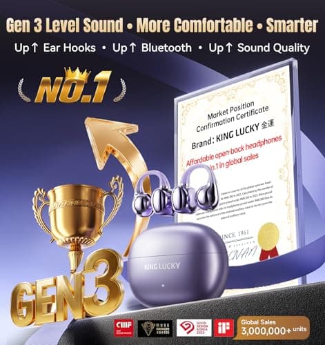 King Lucky Clip-On Earbuds Gen 3, Open-Ear Wireless Bluetooth 6.0 Headphones with Mic, Secure Fit for Small Ears & Glasses Wearers, 50H Playtime, ENC, IPX5 Waterproof Sport Ear Buds (Purple) - Thumbnail 2