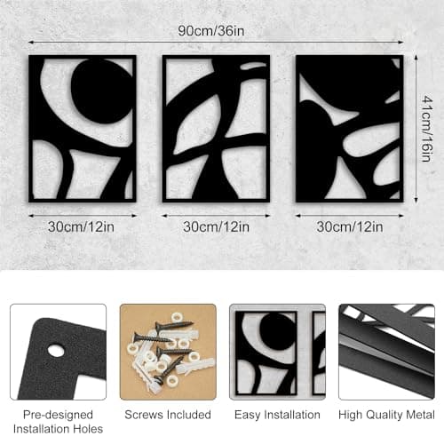 Black Abstract Metal Wall Art Decor for Living Room Bedroom Bathroom Home Black and White Wall Art Minimalist Line Wall Décor 3D Texture Metal Sculptures Modern Hanging Wall Decor 3 Piece - Thumbnail 2