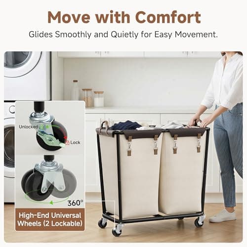 StorageWorks 280L Large Laundry Hamper with Wheels, Laundry Basket with Wheels 2 Sections, Clothes Sorter Cart with Divider for Hotel, Home, Beige, 1-Pack - Thumbnail 3