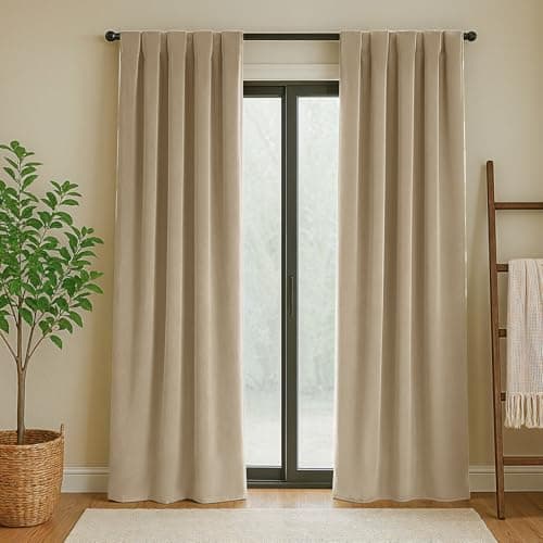 Uqocnh Velvet Curtains 84 Inches Long, Thermal Insulated Beige Blackout Curtains for Living Room Bedroom Curtain Set Rod Pocket Back Tab Room Darkening Drapes, 2 Panel Beige - Image 1