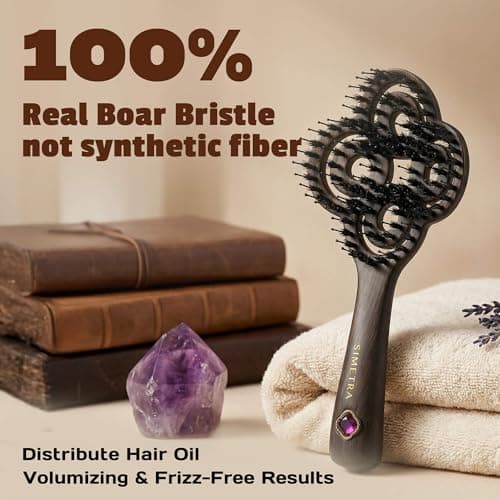 SIMETRA Lucky Hair Brush for Women & Men, 14K Gold Plated Wet Brush Detangling Brush for All Hair Types, Natural Crystal Inlay Boar Bristle Hair brush, Curly Detangler HairBrush for Scalp Massage Gift - Thumbnail 6