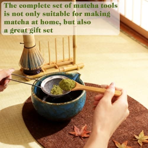 HEYMKGO Matcha Whisk Set 8 Pcs, Sapphire Blue Matcha Bowl with Spout, Bamboo Whisk & Holder, Scoop, Scoop Rest, Sifter, Bamboo Spoon & Tea Towel - Traditional Japanese Matcha Tea Ceremony Kit - Thumbnail 6
