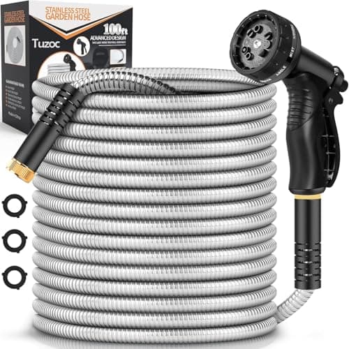 Garden Hose Metal 100FT, Stainless Steel Heavy Duty Water Hose With 10 Function Nozzle, No-Kink, Tough & Flexible, Sturdy and Lightweight, Rust Proof for Yard, Outdoor, RV - Image 1