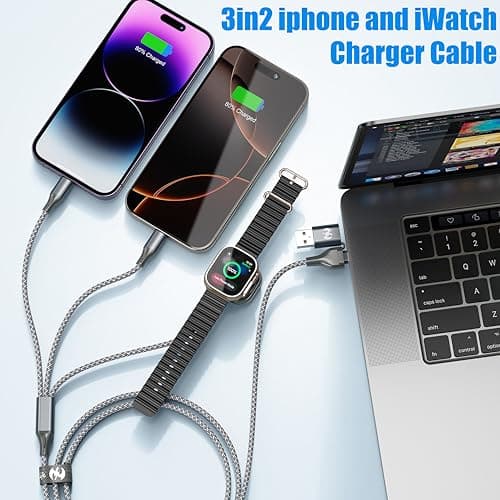 Multi Charging Cable for Apple Watch Charger,3 in 2 USB C Cable 6FT iPhone Charger/Type C/Lightning Travel Essentials Cables for iWatch Ultra/SE/10-1&iPhone 16-5 Pro/Plus - Thumbnail 2
