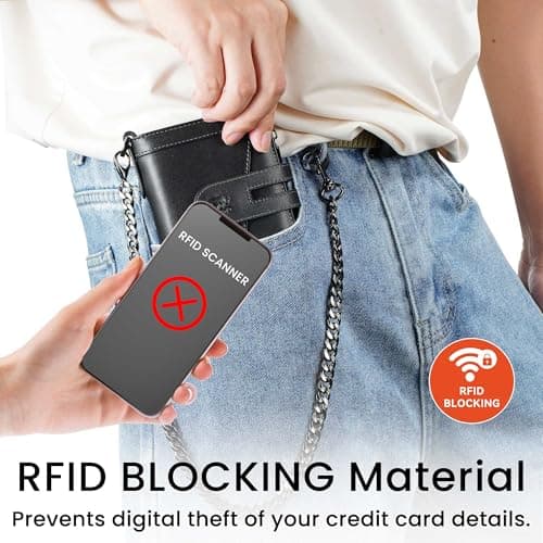 Genuine Leather Chain Wallets for Men: RFID Blocking Mens Wallet with Chain Purse Bifold Zipper Coin Pocket with Anti-Theft Chain, Gift for Father Husband At Birthday - Thumbnail 3