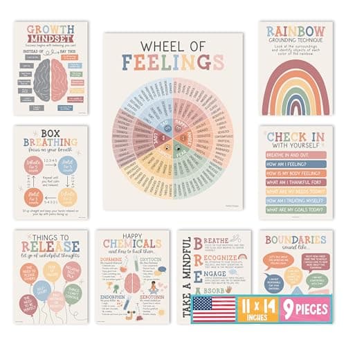 Hadley Designs 9 Mental Health Posters for Classroom - School Counselor Office Must Haves, Mental Health Therapy Office Decor, Growth Mindset Posters, Wheel of Feelings Chart, Boho Classroom Decor - Image 1