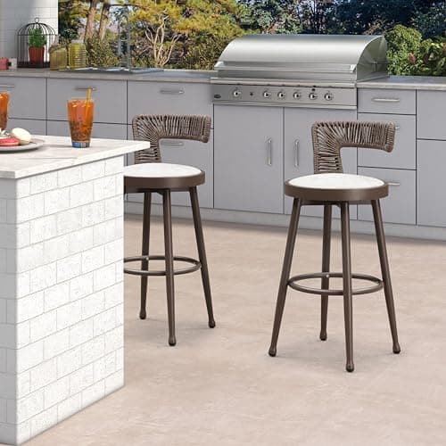PURPLE LEAF Outdoor Swivel Bar Height Stools Set of 2 Metal Modern Wicker Bar Chairs with Back Aluminum Woven Barstools with Cushions for Kitchen Balcony Garden Indoor Brown - Image 1