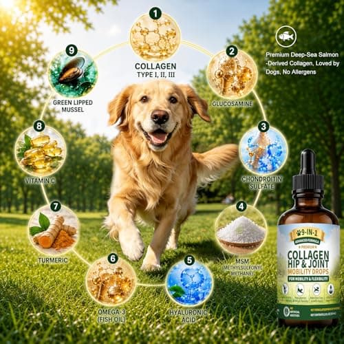 Collagen for Dogs,Dog Hip and Joint Supplement,9-in-1 Liquid Collagen Types I,II & III,Joint Pain Relief for Dogs,Recover Normal State,Repair Skin,Coat,Salmon Flavor Easily Accepted,No Allergens,60ML - Thumbnail 3