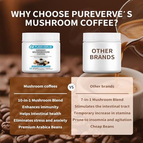 Pureverve Mushroom Coffee, Organic10 Mushroom Extract Powder Blend Lion's Mane, Reishi, Chaga, Cordyceps, Turkey Tail 30 Servings - Thumbnail 4