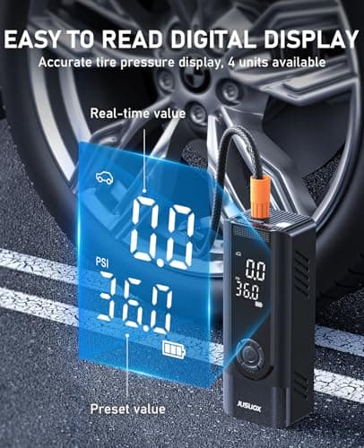 JUSUOX Tire Inflator Portable Air Compressor, Battery & 12V DC Dual Power Air Pump for Car Tires, 150PSI Cordless Bike Tire Pump with Digital Pressure Gauge, LED Light, for Motorcycle, Ball - Thumbnail 4