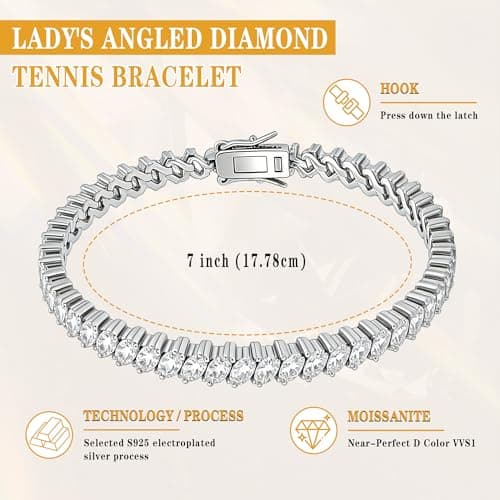 Moissanite Tennis Bracelet For Women,Wave Cut D-Color VVS1 Platinum Plated Silver Tennis Bracelet,Hypoallergenic Bezel 7.5Ins, Ice Crystal Sparkling,Exquisite Jewelry,with Gift Box,Ideal Gift for Wife/Mom - Thumbnail 4