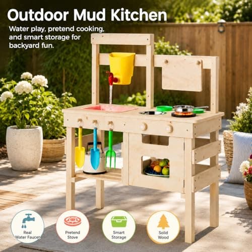 Outdoor Play Kitchen for Kids, Mud Kitchen with Water Faucet, Dual-Sided Chalkboard, Storage Shelves, Cups, Removable Sink, and Pretend Stove – Backyard Toddler Playset for Boys and Girls - Thumbnail 6