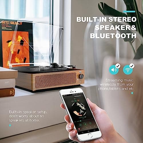 Retro Record Player for Vinyl with Speakers Vintage Turntable Vinyls Records Belt-Driven Turntables 3-Speed 3 Size 33 1/3 45 78 RPM Wireless Playback Headphone AUX RCA Line LP Vinyl Players Wood Grain - Thumbnail 5
