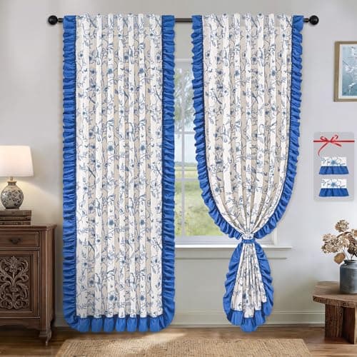 Yinhua Blue Floral Curtains for Living Room 84 Inch Length Farmhouse French Bedroom Curtains with Ruffle Tieback, Linen Light Filtering Window Curtain Rod Pocket Back Tab Drapes, 52"W x 84"L, 2 Panels - Image 1