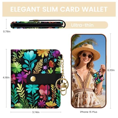 Sodsay Small Slim Wallet Women RFID Blocking, PU Leather Bifold Ladies Wallet with Zipper Coin Pocket, Thin Cute Travel Card Wallets for Girls, Black Garden - Thumbnail 6