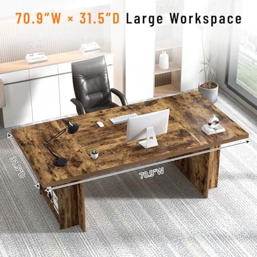 FOLUBAN Large Executive Office Desk, 70" Long Computer Desk with Side Storage Shelves, Vintage Wood Conference Table Workstation for Home Office, Two Person Gaming Study Writing Table, Rustic Brown - Thumbnail 4