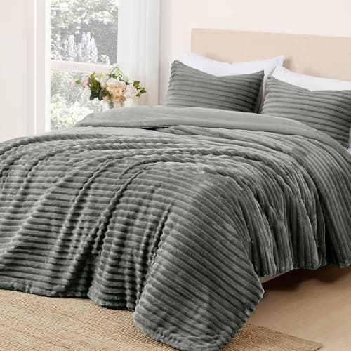 Geniospin Fleece Queen Comforter Set, Soft Fuzzy Queen Bedding Sets, 3-Pieces Gray Comforter Set for All Season, Warm Fluffy Comforter with 2 Pillow Cases - Thumbnail 2