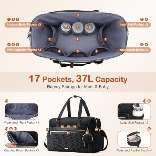 Lekesky Diaper Bag Tote for Mom, 37L Large Diaper Tote Bag, Baby Hospital Bag for Women Labor Delivery, Travel Diaper Bag with Changing Pad, Pacifier Case, Insulated Pockets, Luggage Sleeve, Black - Thumbnail 4