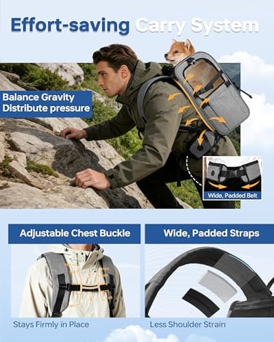 Hiking Dog Carrier Backpack, Padded Height-Enhancing Design, Adjustable Waist Cushioning Belt with Breathable Padded Back Support, Dog Carrier Backpack for Small Dogs Max 13LB Grey with Pad - Thumbnail 2